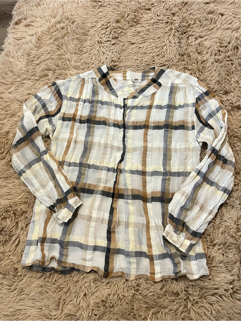 Vintage Jean Claude Lightweight Plaid Button-Front Blouse in Cream Tan S/M
